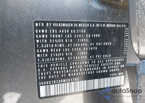 2024 Volkswagen Taos 1.5T Se из США, поврежденный, VIN 3VVVX7B20RM081702